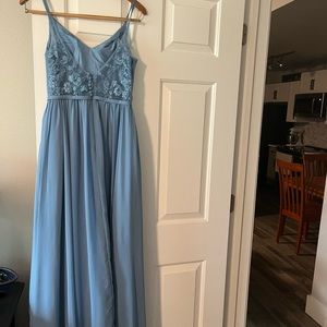 Azazie Steel Blue Tansy Bridesmaid Dress with straps and laced back